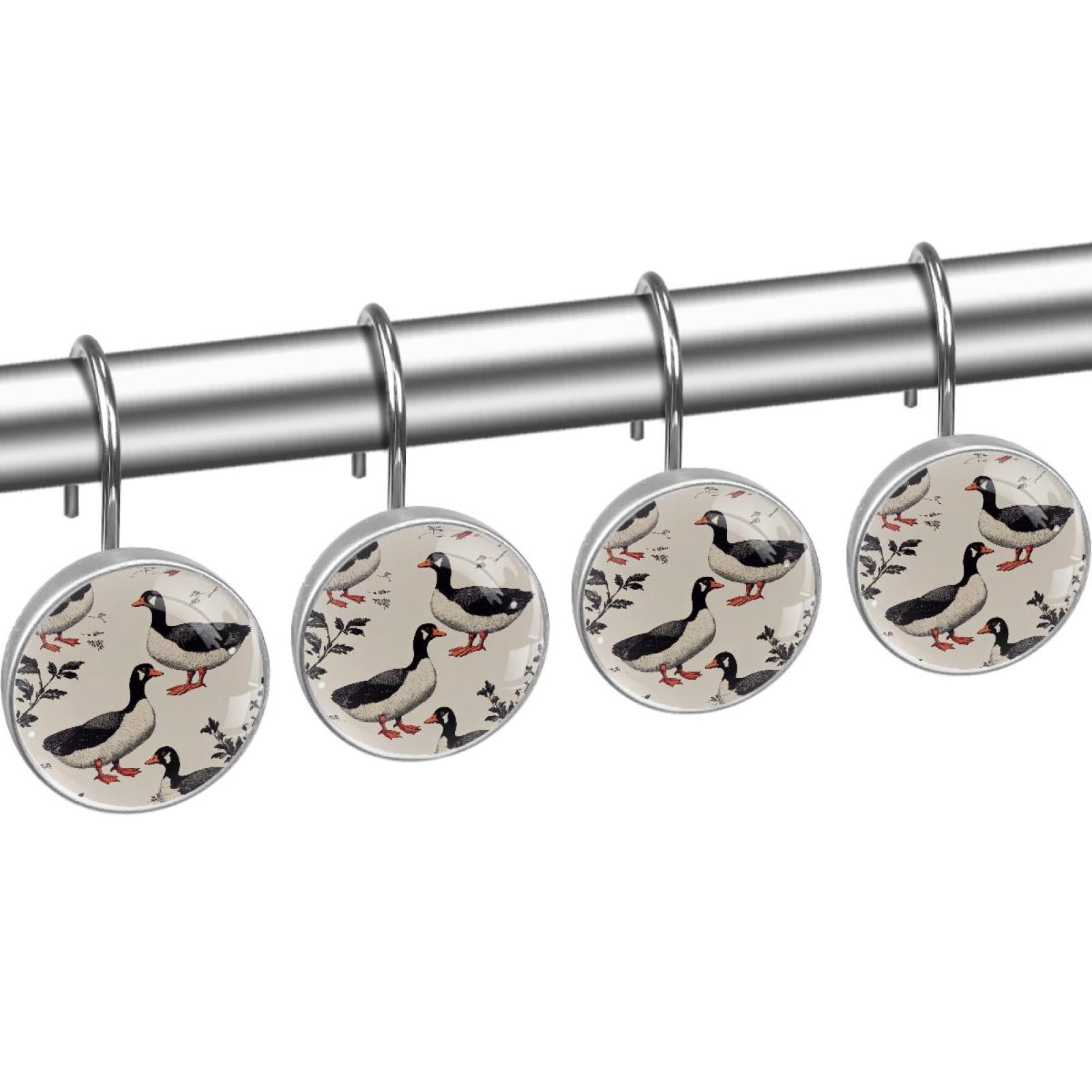 Black-White Indian Runner Ducks Shower Curtain Hooks Round Crystal Glass, Set of 12 Shower Curtain Rings - Shower Hooks for Curtain Shower Rings
