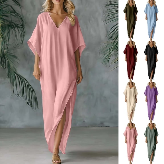 Smsaxvxz Womens Summer Cotton Line Maxi Dresses 2026 Fashion V Neck Short Sleeve Slit Hem Casual Loose Solid Flowy Hem Vacation Sundress Pink L