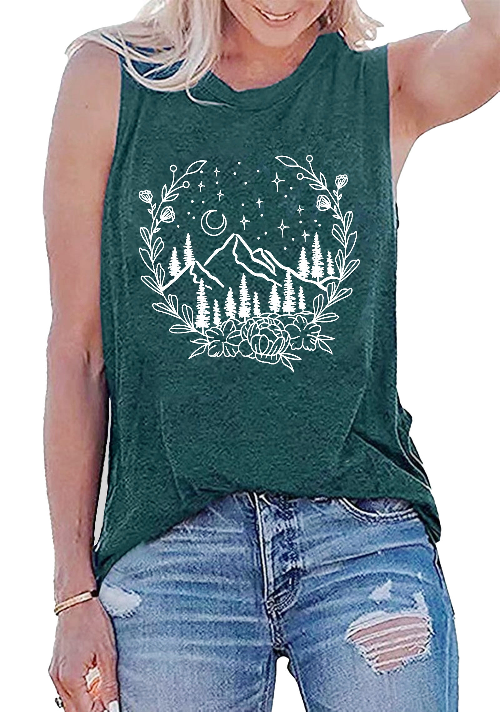 Camping Tank Tops for Women Funny Mountain Floral Graphic Tee Shirt Hiking Tank Tops Tee
