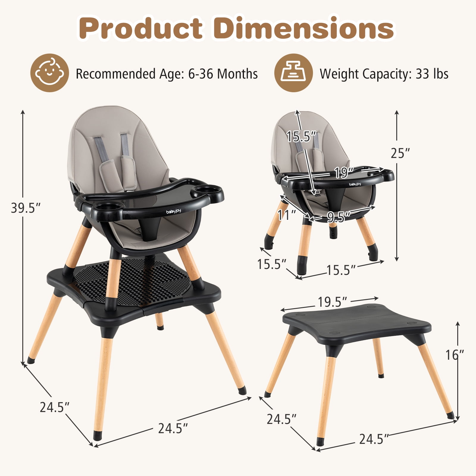 Babyjoy 6 in 1 High Chair Convertible Highchair for Babies & Toddlers with 5-Point Harness Black