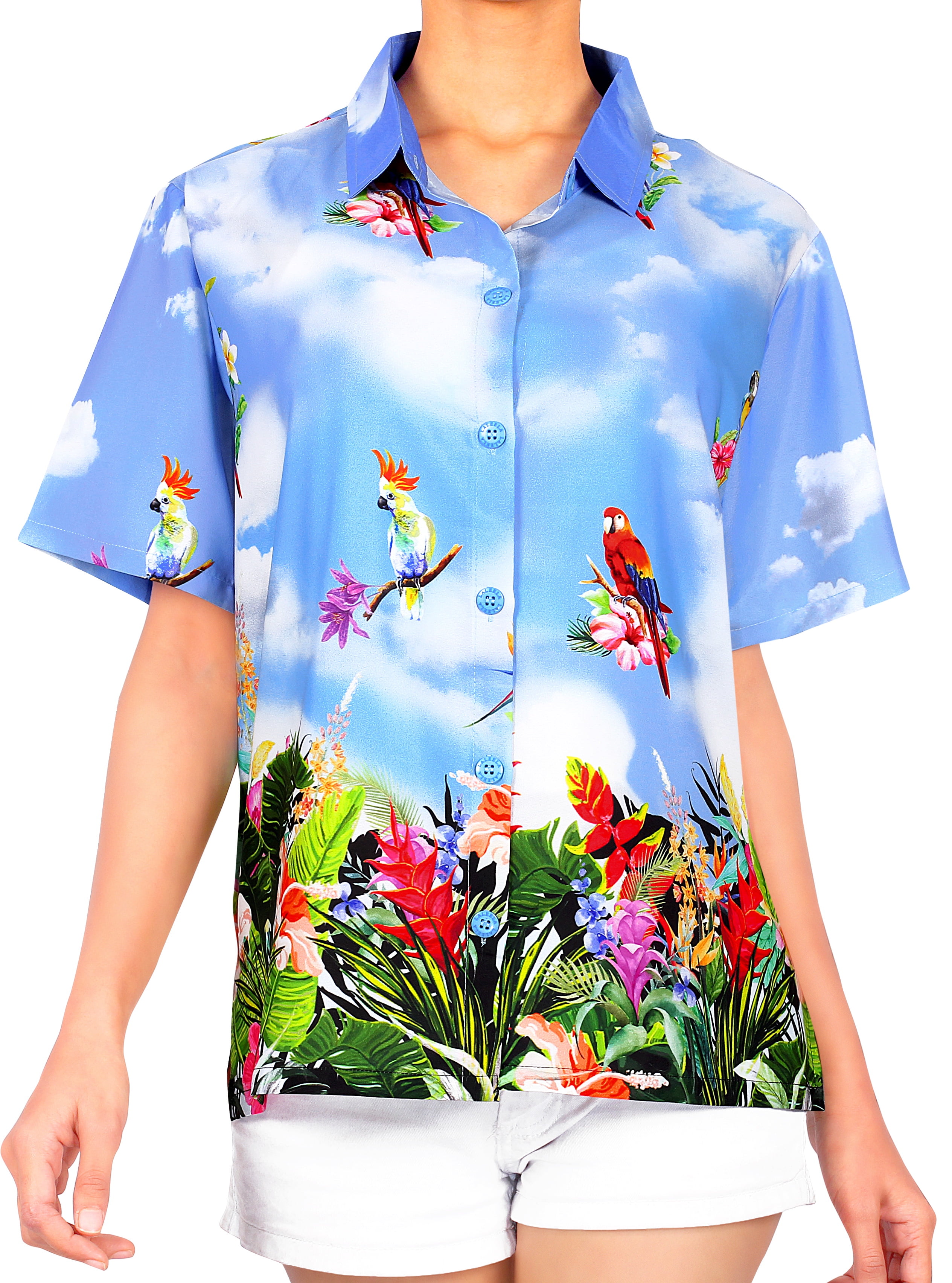 LA LEELA Women's Hawaiian Shirt Blouse Tops Short Sleeve Shirt M Blue