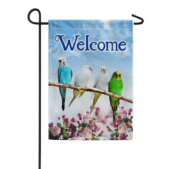 America Forever Welcome Tree Birds Summer Garden Flag 12.5 x 18 inches Pink Floral Parakeet Parrots Double Sided Seasonal Yard Outdoor Decorative Birds and Flowers Garden Flag