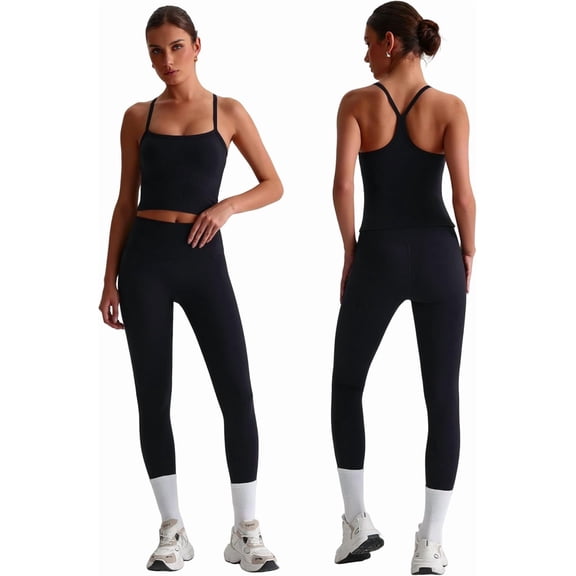 PISONIC Womens Workout Sets Two Piece Y Back Tank Top Matching High Waist Leggings Sets Gym Work Out Clothes