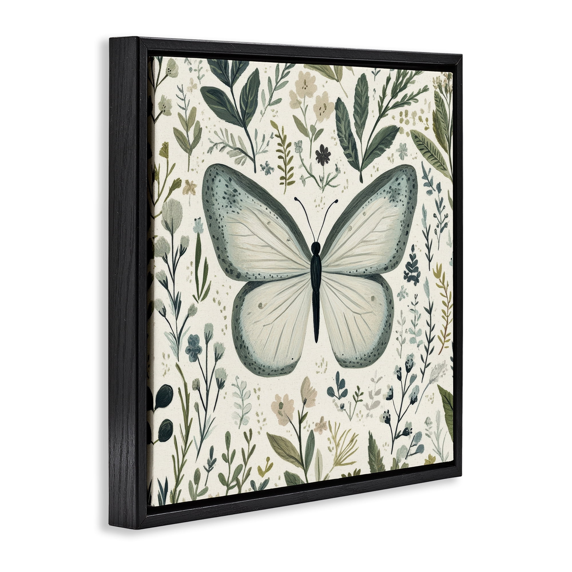 Stupell Industries Dusty Blue Butterfly Botanicals Black Framed Floater Canvas Wall Art, design by Petal Prints Design