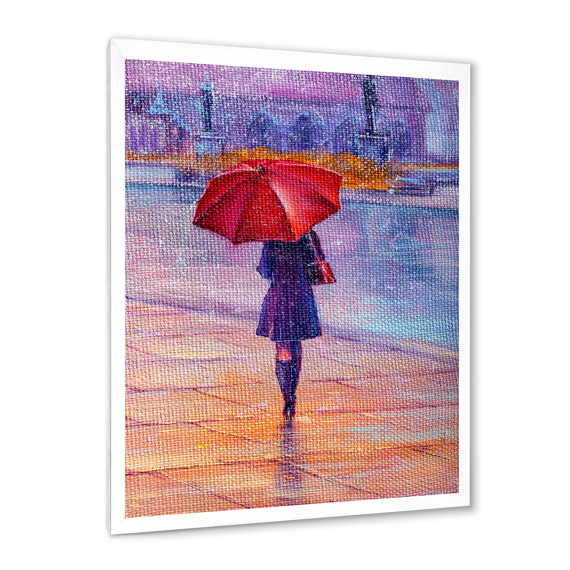 Designart 'Girl Walking With Red Umbrella Under The Rain' French Country Framed Art Print