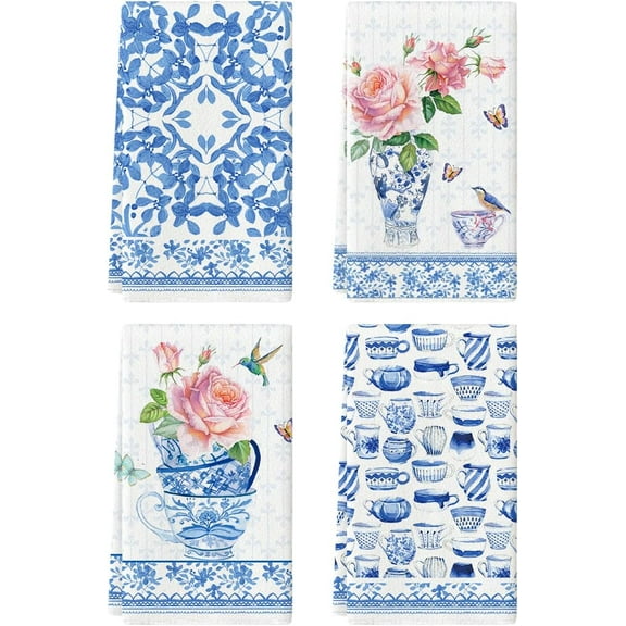 Butterflies Royal Blue Porcelain Kitchen Towels Dish Towels, 18x26 Inch Vase Roses Cup Vintage Flowers Decoration Hand Towels Set of 4