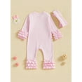 thumbnail image 5 of Nygoyerh Newborn Girls Fall Romper Solid Color Ribbed Ruffled Long Sleeve Crew Neck Full Length Jumpsuit with Bow Headband Sets 0M 3M 6M 9M, 5 of 7
