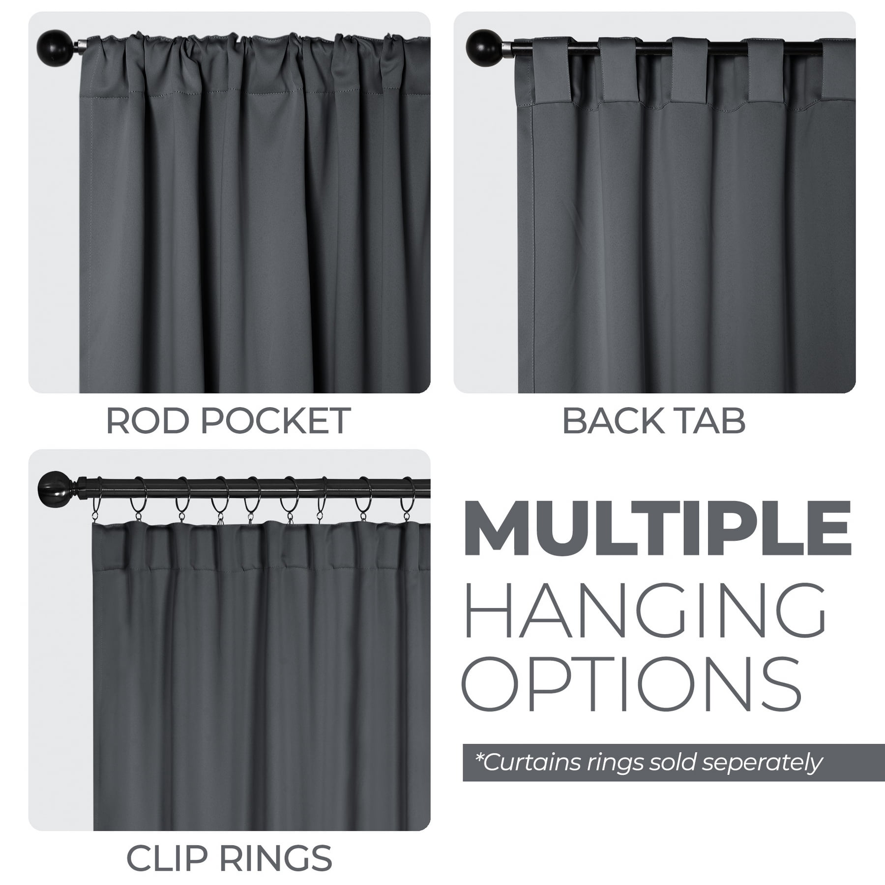 BNM Solid Blackout Back Tab Curtains, Set of 2, 52" x 63", Gray