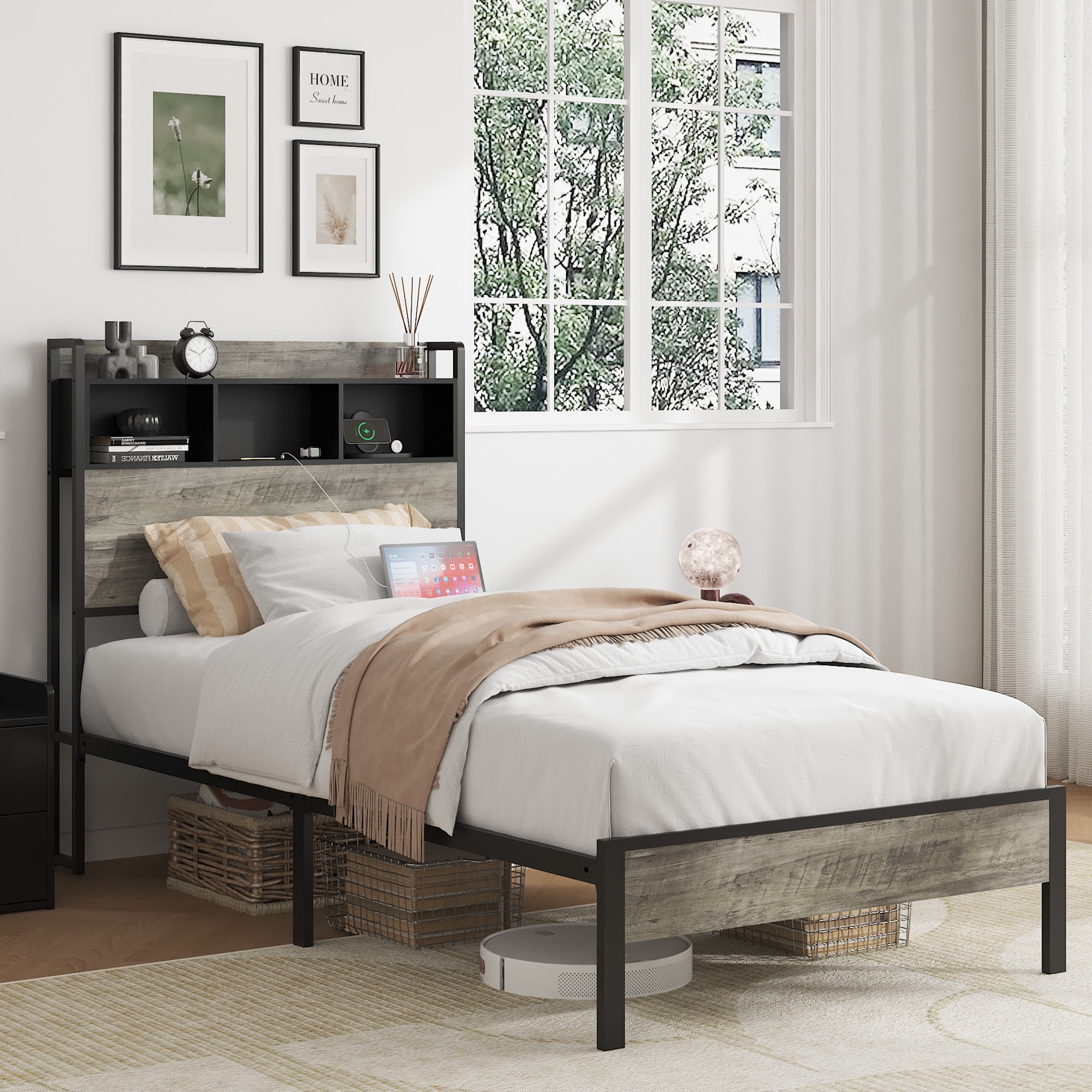 Yoneston Twin Size Bed Frame with Wood Storage Headboard Shelves and Center Charging Station for Kids Boys Girls, Antique Gray