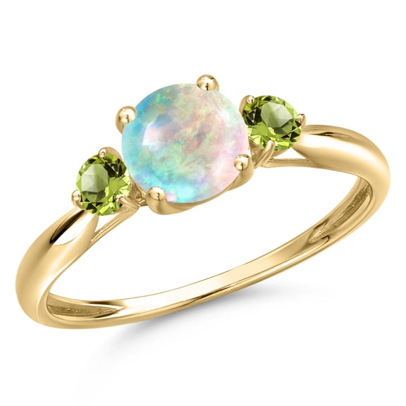Gem Stone King 10K Yellow Gold Simulated White Opal and Green Peridot 3-Stone Ring for Women | 0.54 Cttw | Round Cabochon 6MM | Gemstone October Birthstone | Size 9
