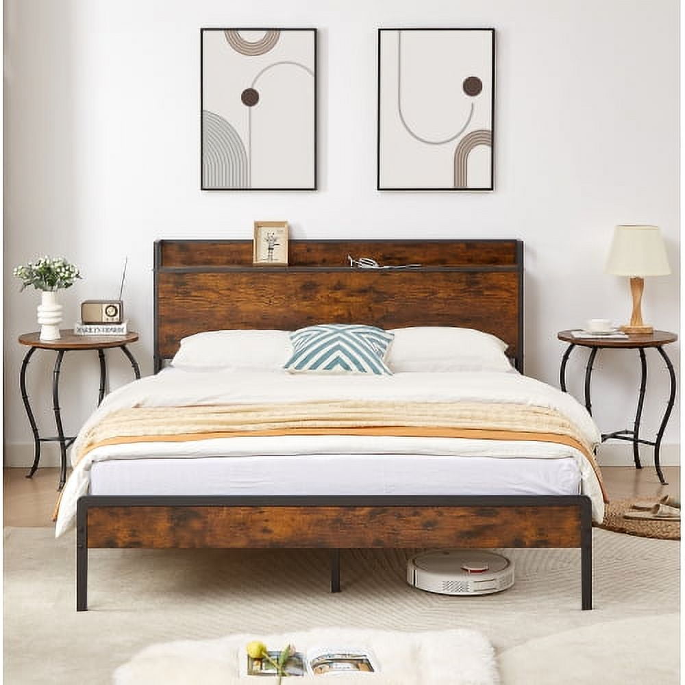 BSHTI Bed Frame with Charging Station Queen Size,Rustic Brown,87.80'' L x 61.80'' W x 39.2'' H