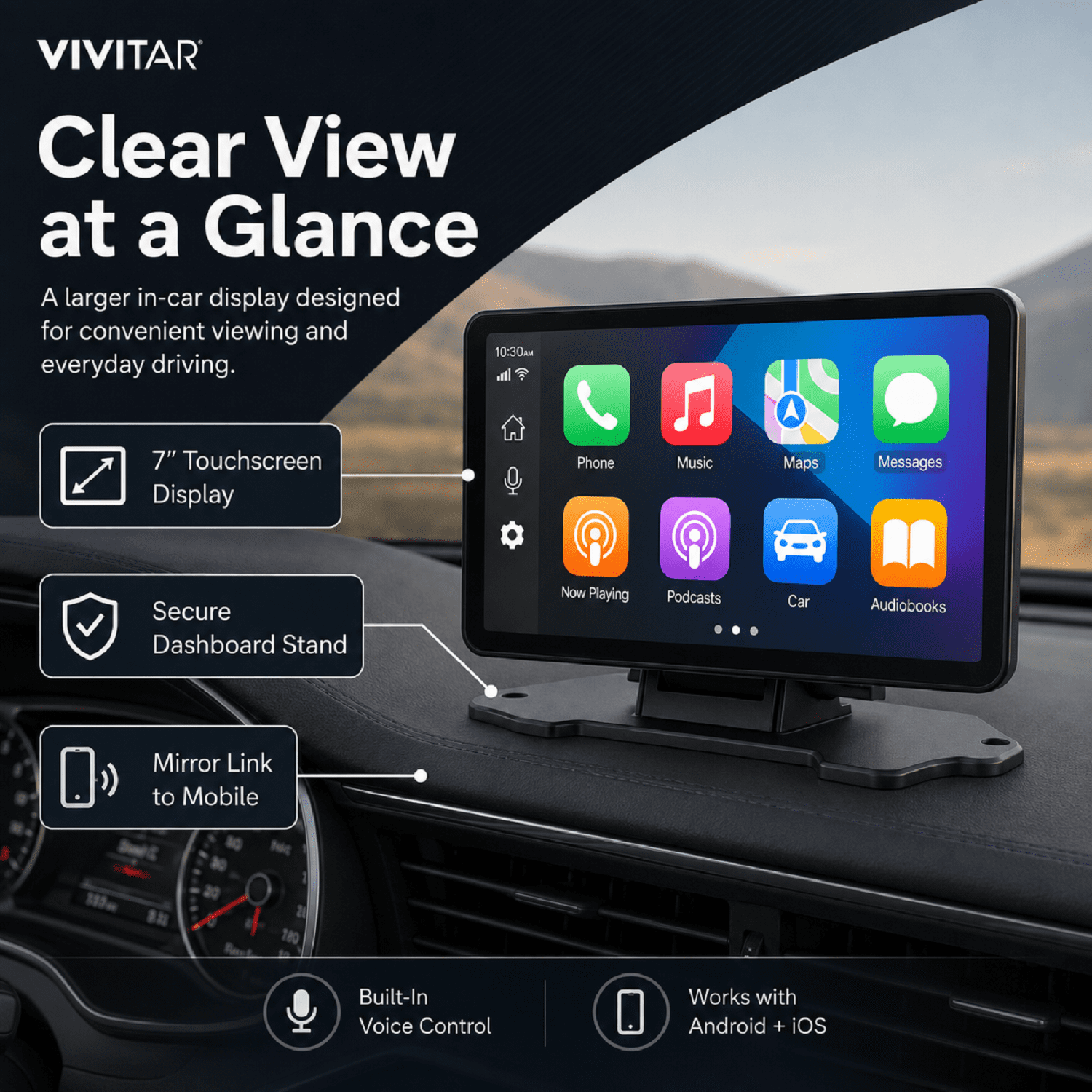 Vivitar 7-Inch In-Car Display with Touchscreen, Mirror Link, Voice Control, Navigation, Apps, Black