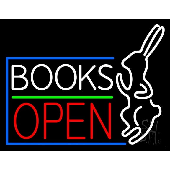 Books With Rabbit Logo Open LED Neon Sign 15 x 19 - inches, Black Square Cut Acrylic Backing, with Dimmer - Bright and Premium built indoor LED Neon Sign for Defence Force.