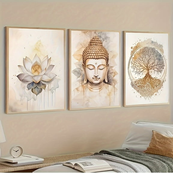 3pcs Modern Buddha Lotus Wall Art - Frameless Canvas Poster Print for Living Room, Portrait Orientation for Interior, Spiritual Theme Decor