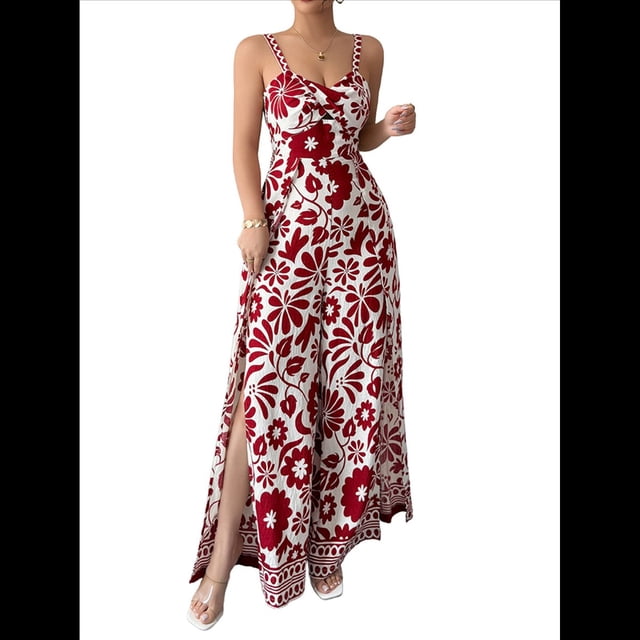 Mono de Pierna con Tirantes Pequeños y Estampado Retorcido Elegante para Mujer, y Verano 2025 Rojo XL