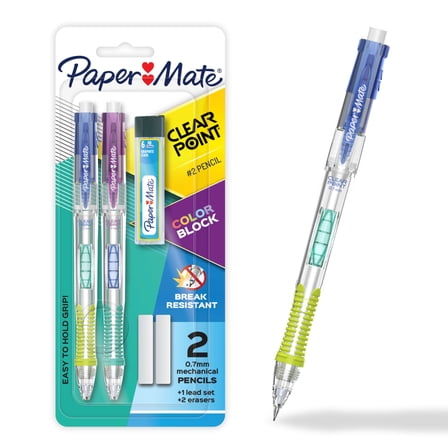 Paper Mate Clearpoint Mechanical Pencil, Color Block Edition, HB #2 Lead, Includes Eraser and Lead Refills, 5 Piece Set