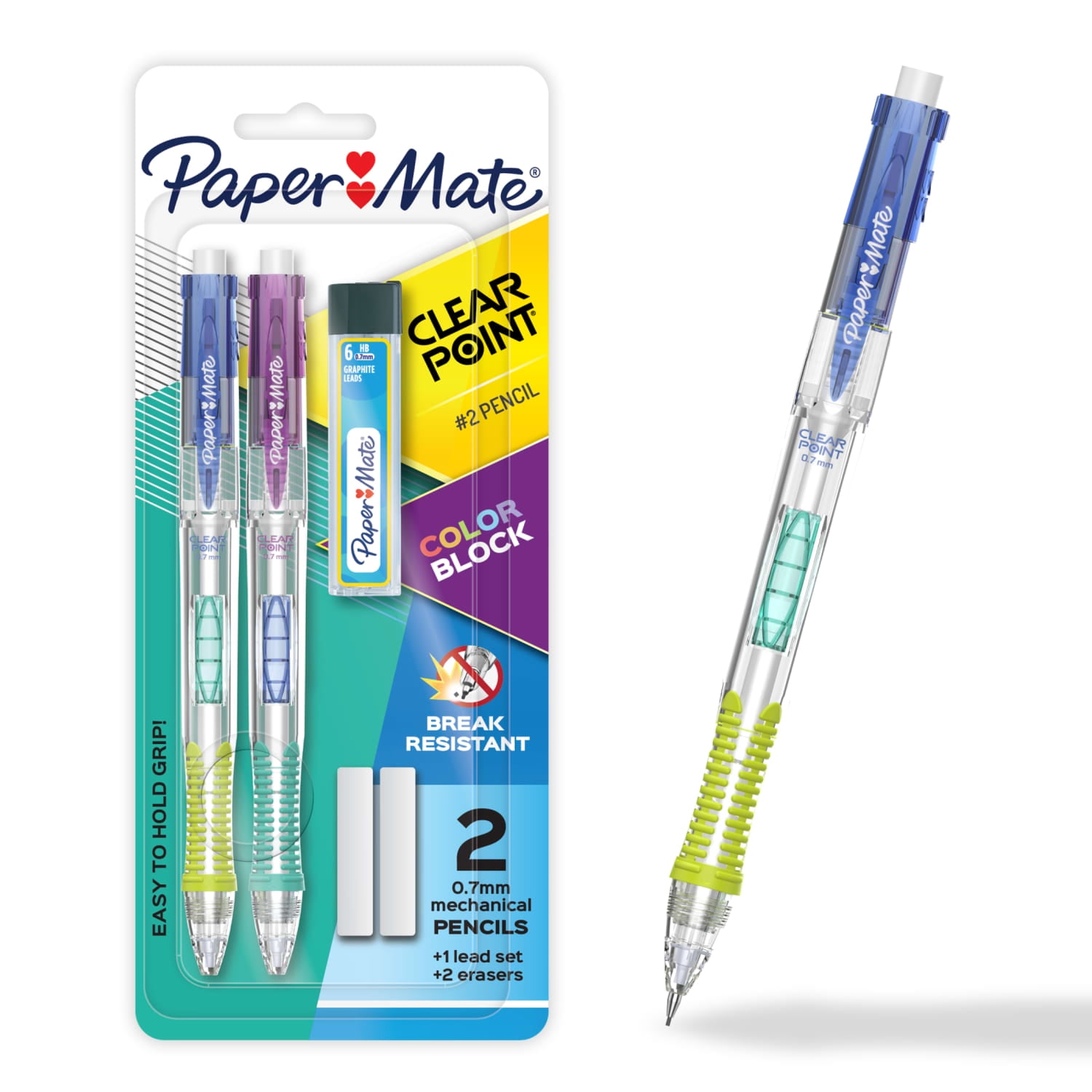 Paper Mate Clearpoint Mechanical Pencil Color Block Edition HB #2 Lead Includes Eraser and Lead Refills 5 Piece Set