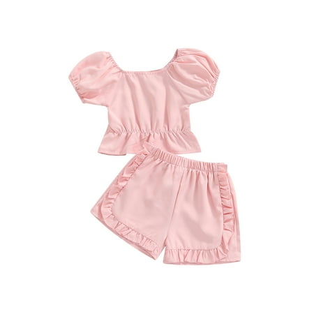 

sdghg Toddler Girls Two-Piece Outfits Solid Color Short Sleeve Off Shoulder T-Shirt + Elastic Waist Ruffles Short Pants