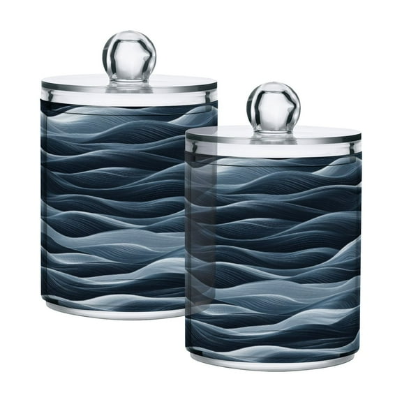 2 Pack Bathroom Canisters Transparent Storage Jar for Cotton Ball, Swab, Floss Navy Blue Waves