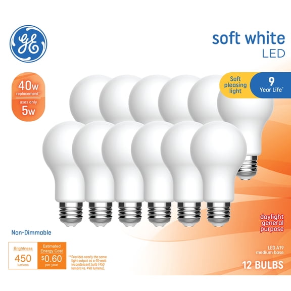 GE General Purpose LED 40 Watt Replacement, Soft White, A19 Frosted Bulbs (12 Pack)