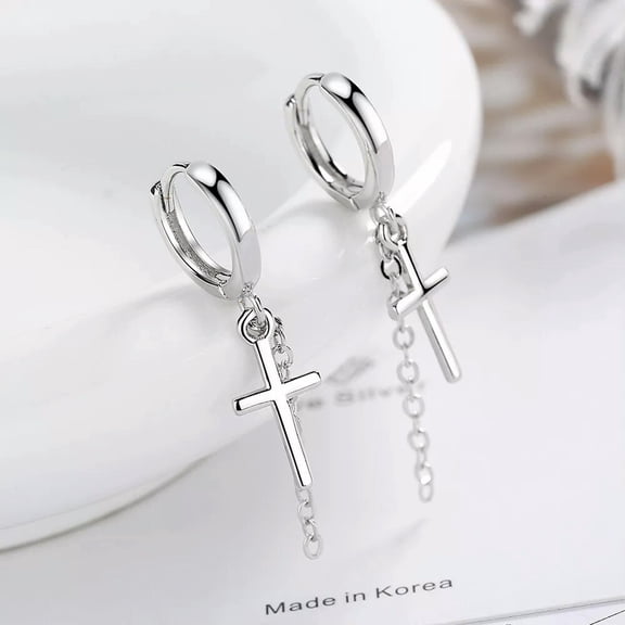 GKNET 925 Silver Cross Dangle Drop Earrings Women Silver Hoop Huggie Earrings