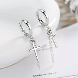 Rhodium-plated Sterling Silver Huggie Hoop Earrings with Dangle Cross Rhodium-plated Sterling Silver Huggie Hoop Earrings with Dangle Cross