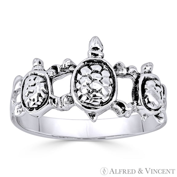 Triple Tortoise / Turtle Animal Charm Right-Hand Ring in Oxidized .925 Sterling Silver