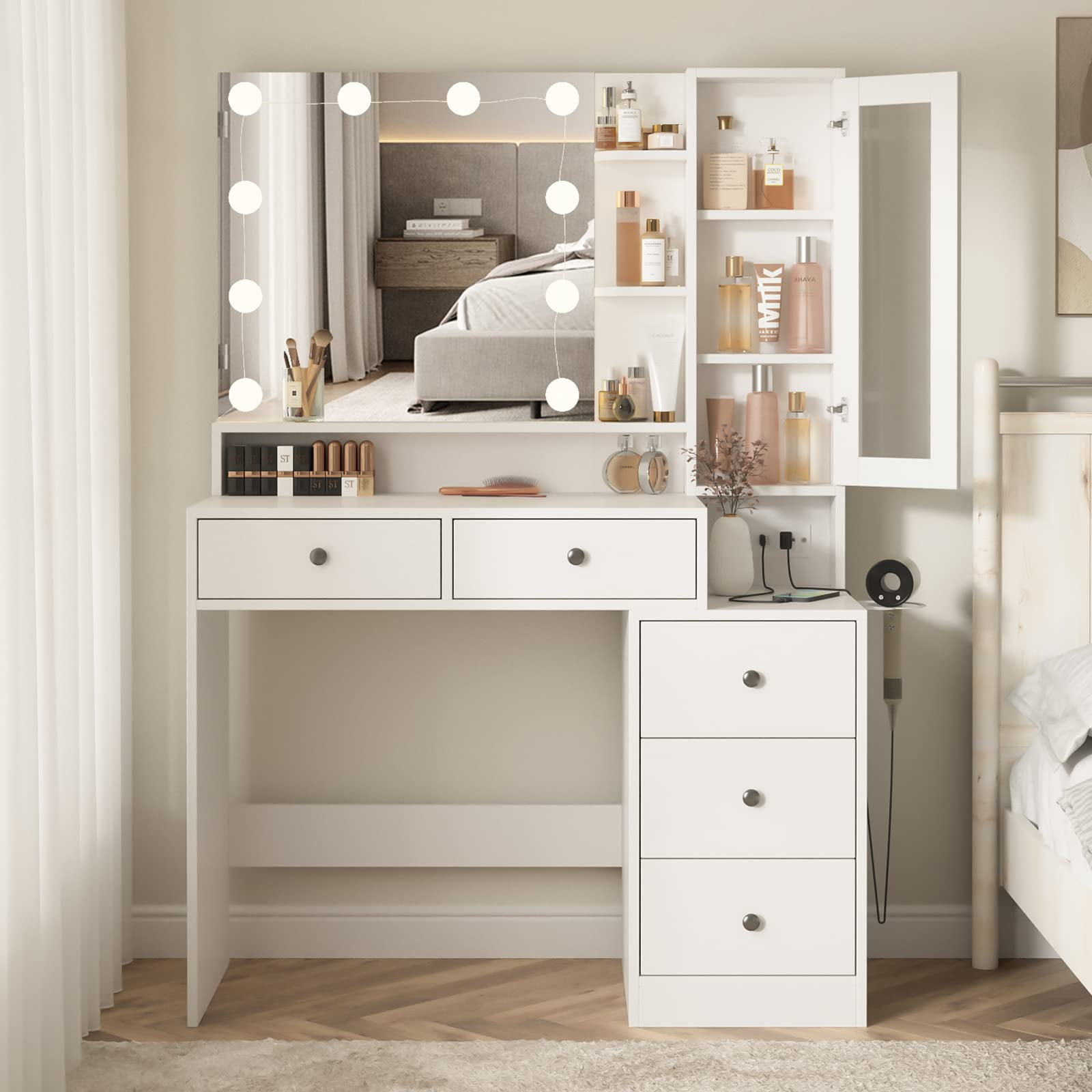 Vabches Vanity Desk with Mirror and Lights,Makeup Vanity with 6 Drawers and  Shelves,Vanity Table with Power Outlet,Makeup Desk with Led Lighted Mirror