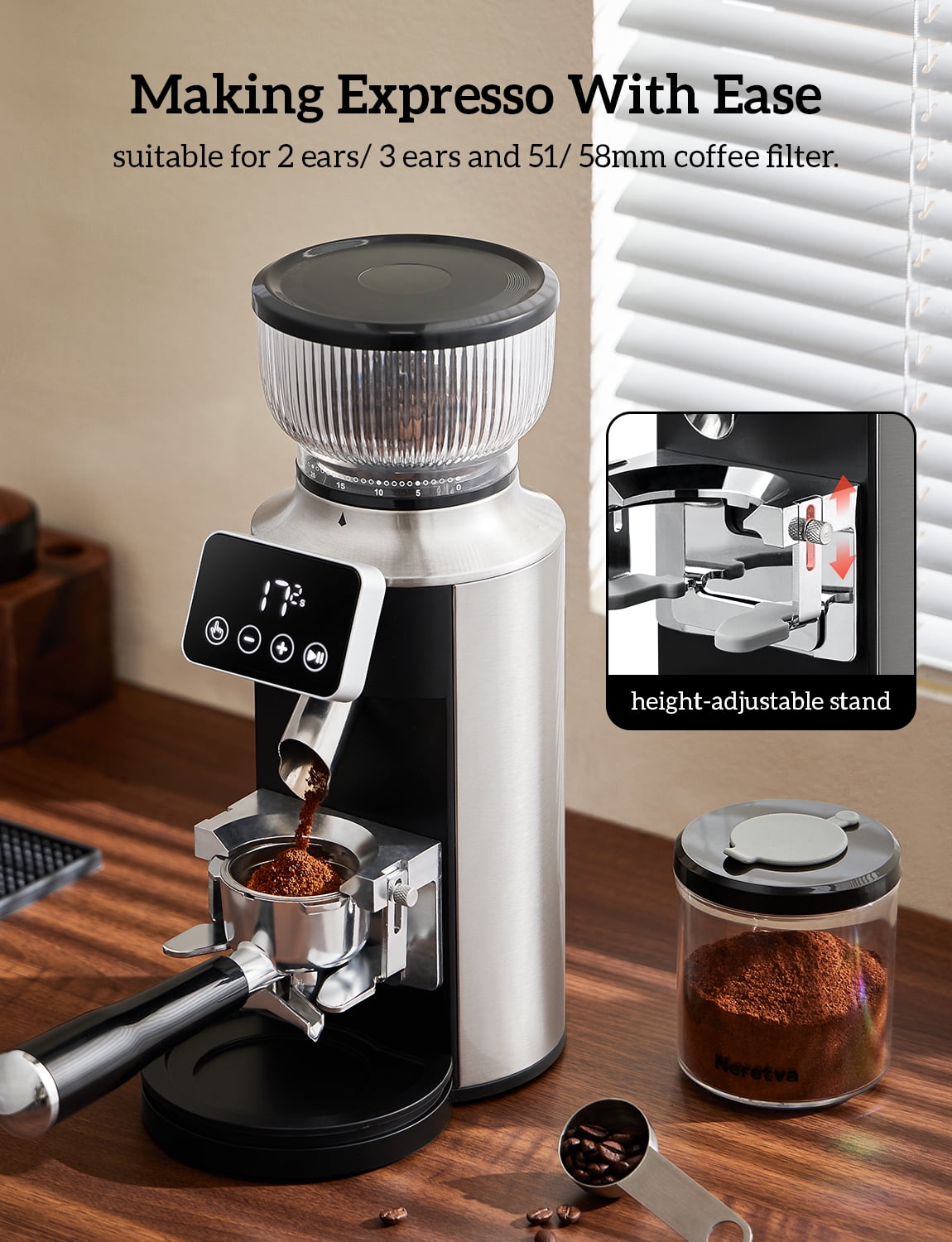 Neretva Burr Coffee Grinder Electric with Portafilter Cradle Coffee Bean Grinder 30 Precise Setting & LED Control Panel