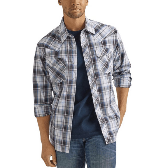 Wrangler Men's Retro Plaid Print Long Sleeve Snap Western Shirt White