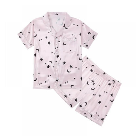 

Baozhu Kids Toddler Baby Girl Boy Satin Pajamas Set Short Sleeve Button Down Pajama Shirt Top+Shorts Bottoms Sleepwear Outfits (5-14T)