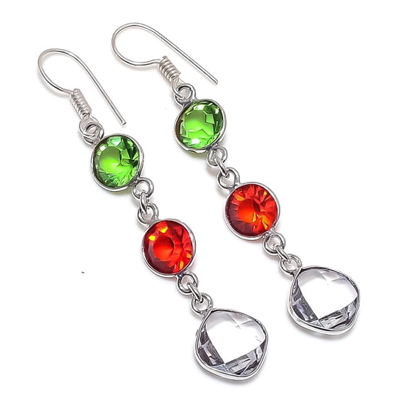 Natural Garnet, Topaz Gemstone 925 Sterling Silver Jewelry Earring 2.40"