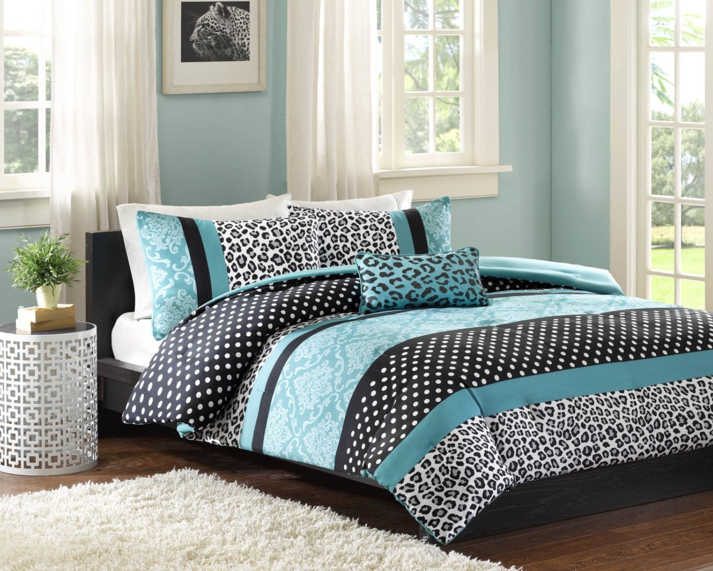 Comforter Bed Set Teen Bedding Modern Teal Black Animal Print