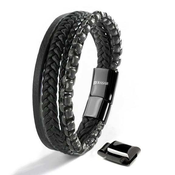 SERASAR | Leather bracelet for men [Hero] with stainless steel and magnetic clasp | Color: Black | Length: 17