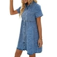 thumbnail image 2 of Seyurigaoka Womens Juniors Summer Denim Dress Casual Lapel Button Down Short Sleeves Ruffle Tiered Baby Doll Dress Short Jean Dress, 2 of 9