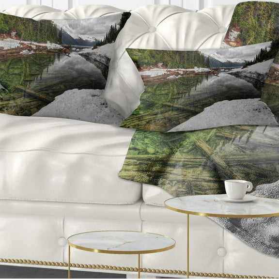 Designart Crystal Clear Lake with Pine Trees - Landscape Printed Throw Pillow - 12x20