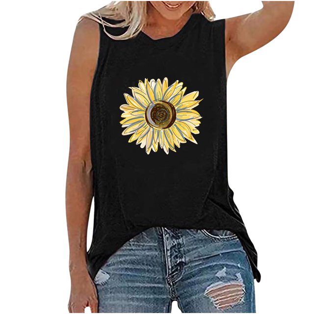 Pompotops Womens Tank Tops Casual Loose Fit Plus Size Sunflower Printed Tee Shirts
