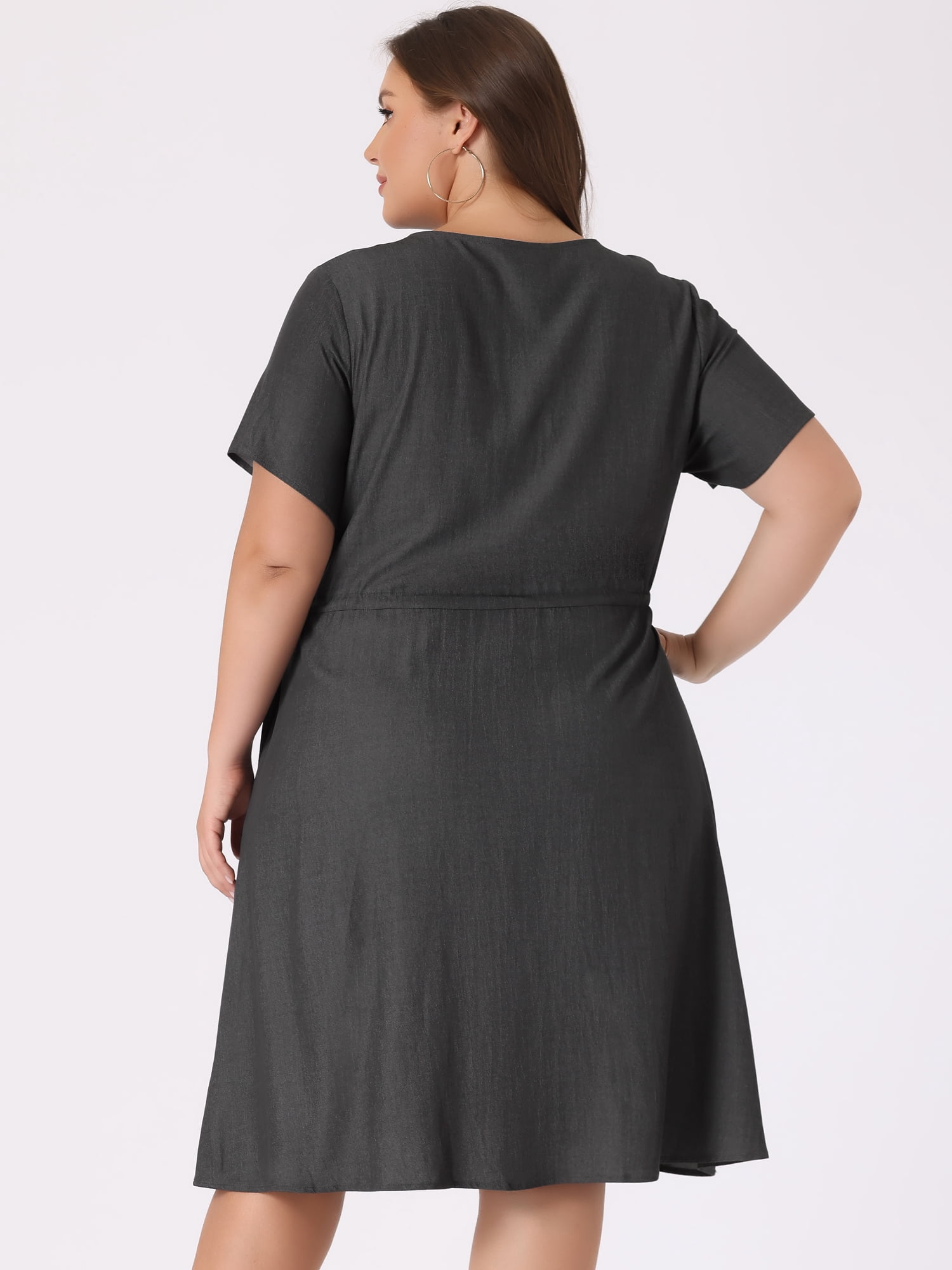 Unique Bargains Women's Plus V Neck Short Sleeve A-Line Denim Dresses 3X Grey Black