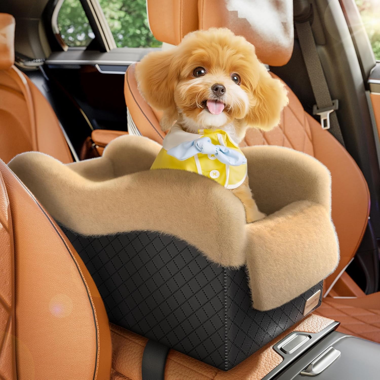 Portable Small Dog Seat for Car, Luxury Center Console Dog Car Seat Booster with Safety Tethers, Anti-Collapse Pet Travel Carseat for SUV, Truck (Black/Grey)