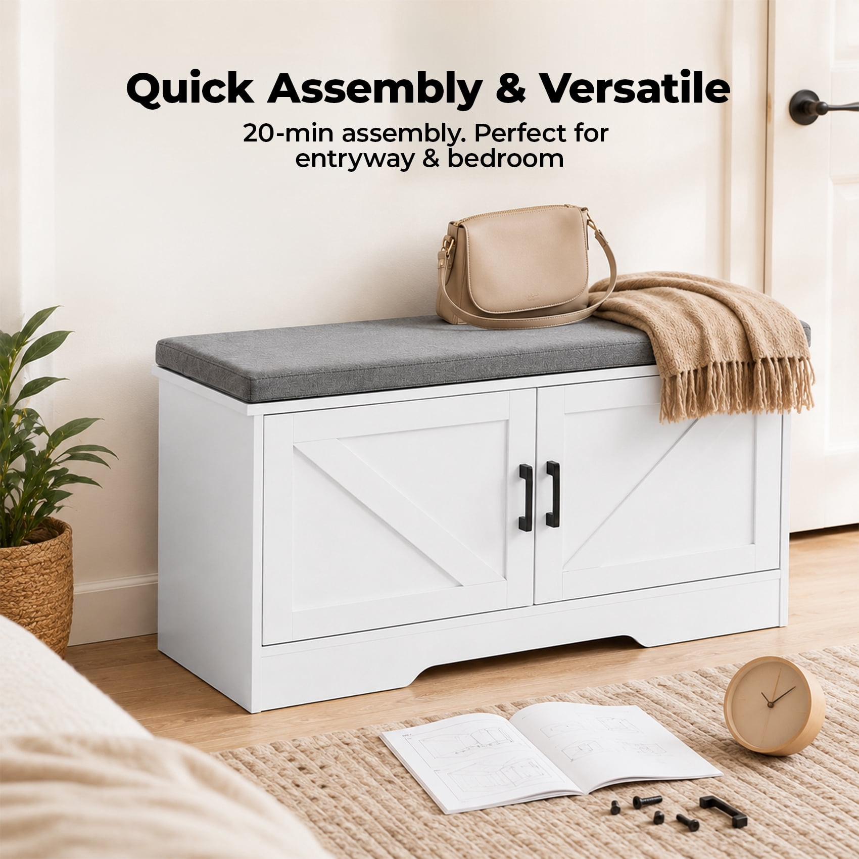 Alvantor 2-Tier Wooden Shoe Storage Cabinet with Padded Cushion and Adjustable Shelves