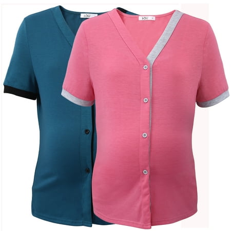 

Maternity Nursing Tops Short Sleeve Button Down Breastfeeding T-Shirts V Neck Color Block Tee for Women S-3XL