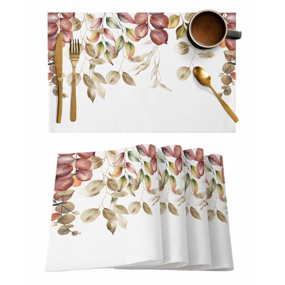Fall Eucalyptus Leaf Placemats Set of 6 Autumn Green Brown Leaves Botanical Heat Insulation Washable Place Mats, Rustic Non-Slip Table Mats for Dining Table Party Kitchen Decor,13x19 Inch