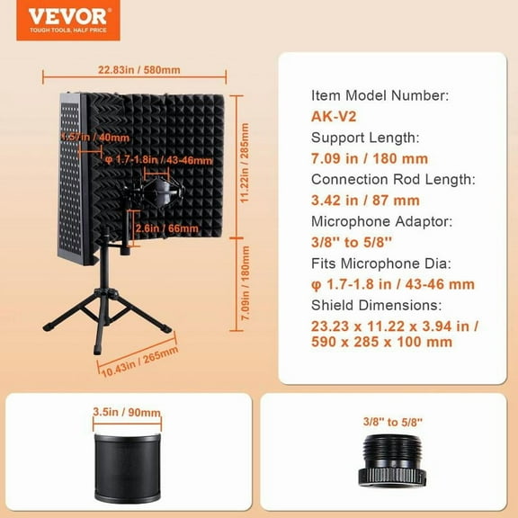 VEVOR Microphone Isolation Shield, 5-Panel, Studio Recording Mic Sound Shield, with Pop Filter Desktop Tripod Stand and 3/8'' to 5/8'' Microphone Adapter, for Blue Yeti and Condenser Microphones