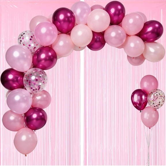 50Pcs 12 Inch Metallic Rose Red Pink Pearl Light Pink Balloons and 2 Pack Light Pink Streamer 3.2 x 6.56 FT for Birthday Wedding Baby Bridal Shower Party Decorations