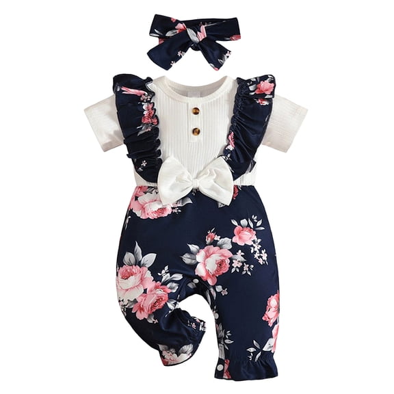 Newborn Baby Girl Summer Clothes with Headband Ruffle Short Sleeve Bubble Romper Bow Floral Shorts Jumpsuit Infant Cute Outfit 0 3 6 9 12 18 Months Black