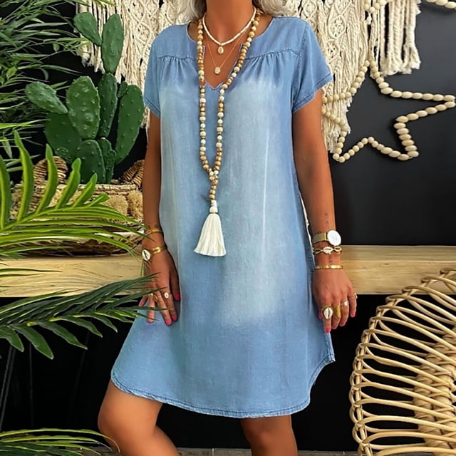 Puntoco Vestido De Manga Corta Con Cuello En V, Vestido Hasta La Rodilla De Mezclilla Lavada Con Cuello En V De Manga Corta Para Mujer De Primavera Y Verano Azul Claro Xxxl