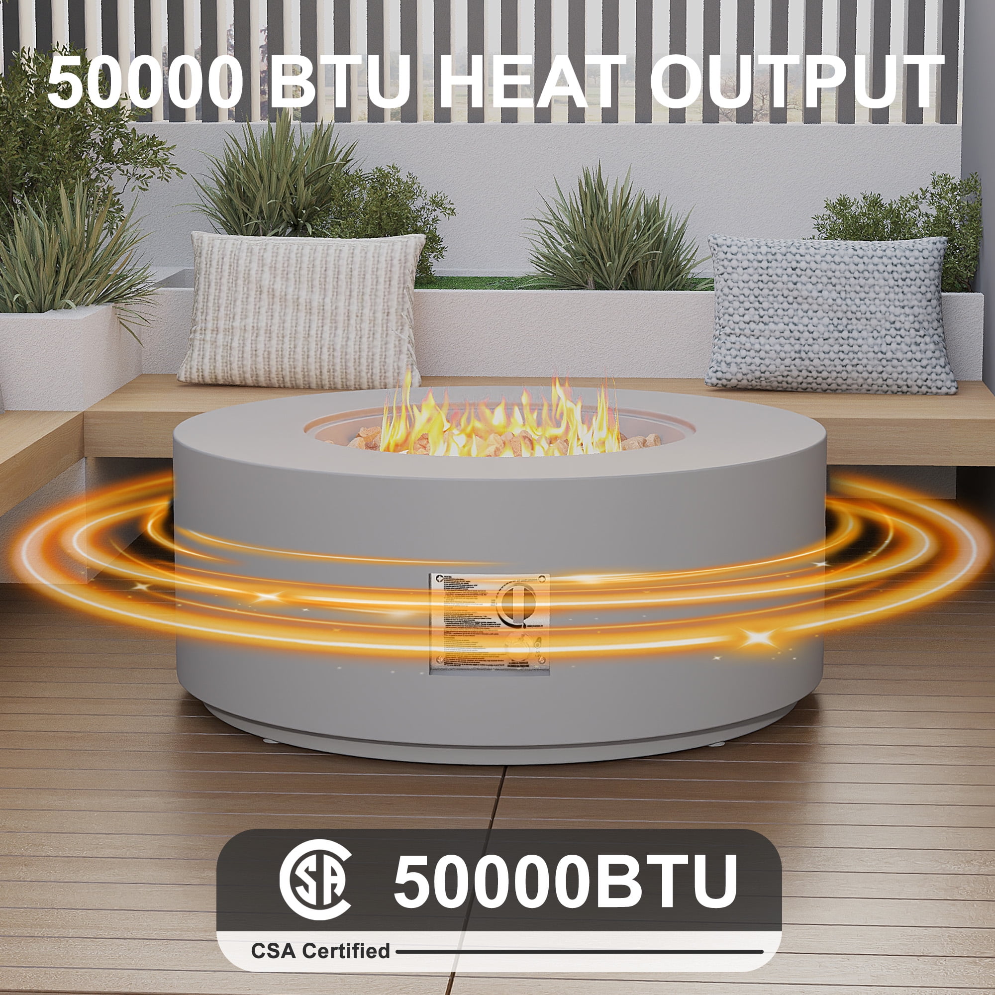 HongTaoK 32.5 inch Round Propane Fire Pit for Outside White 50K BTU Outdoor with Lava Rocks, All Weather Applicable, Gray