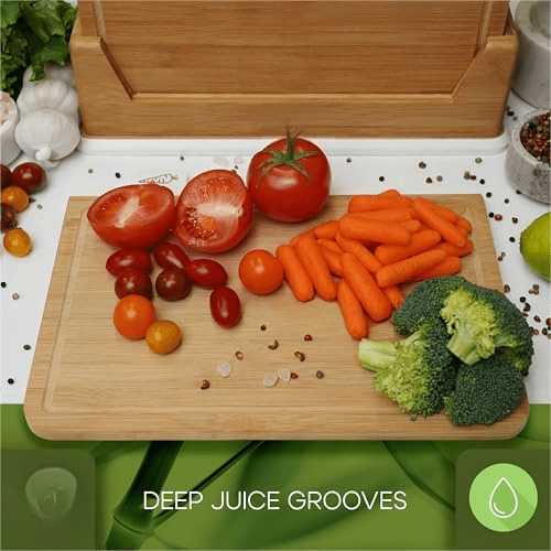 Wooden Cutting Boards for Kitchen – 5-Pcs Cutting Board Set with Holder – Natural Bamboo Chopping Board with Juice Groove – Ideal for Vegetables, Meat, Fish, Bread.
