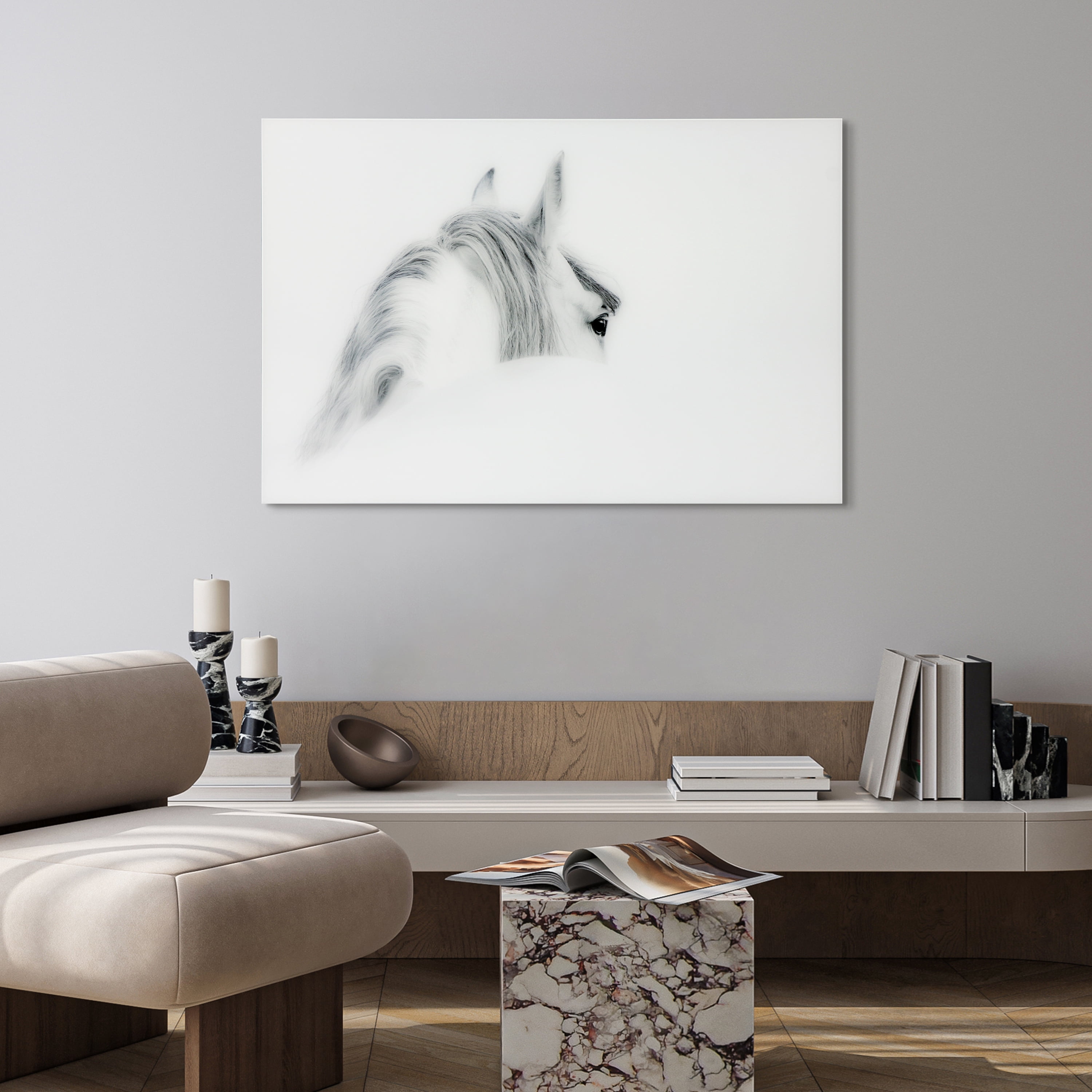 Empire Art Direct Blanco Mare Horse Frameless Free Floating Tempered Glass Panel Graphic Wall Art, 48" x 32" x 0.2", Ready to Hang