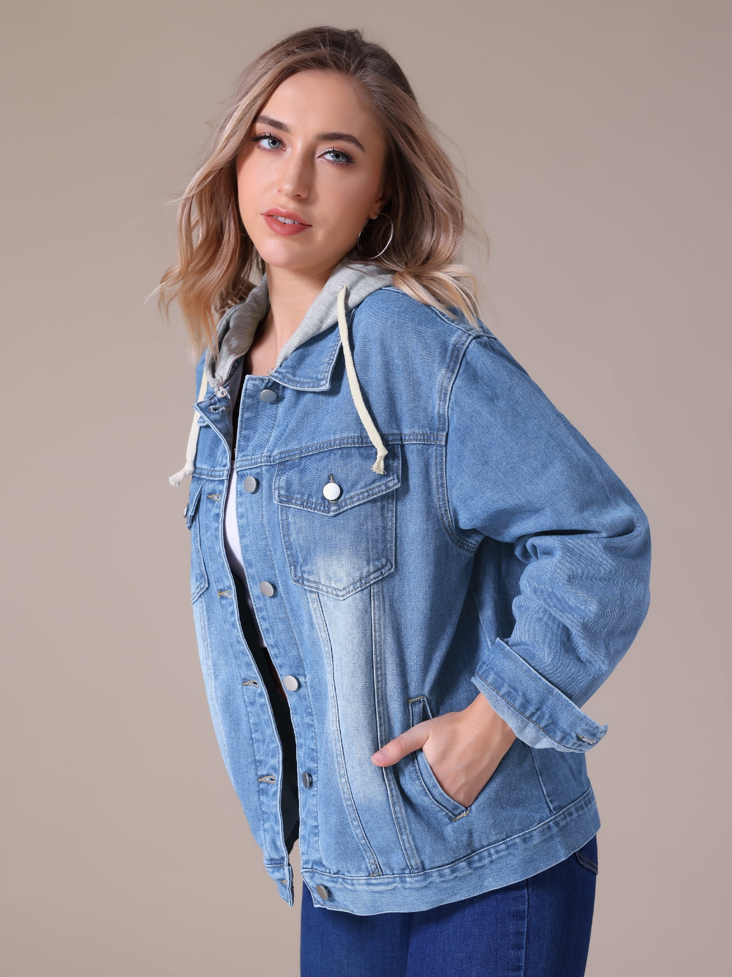 Unique Bargains Women's Denim Long Sleeves Jacket with Detachable Hoodie XL Blue